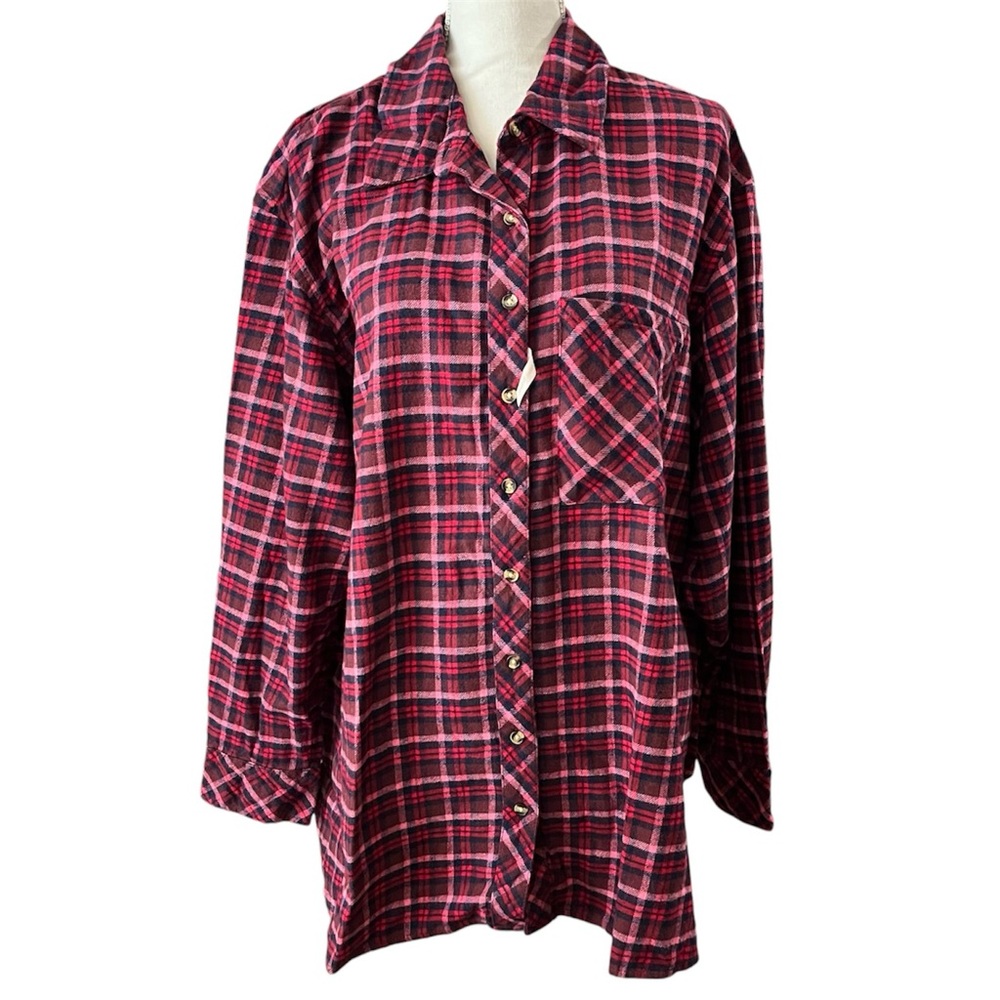 NWT Terra Sky red pink plaid button down long sleeve shirt - Picture 2 of 7